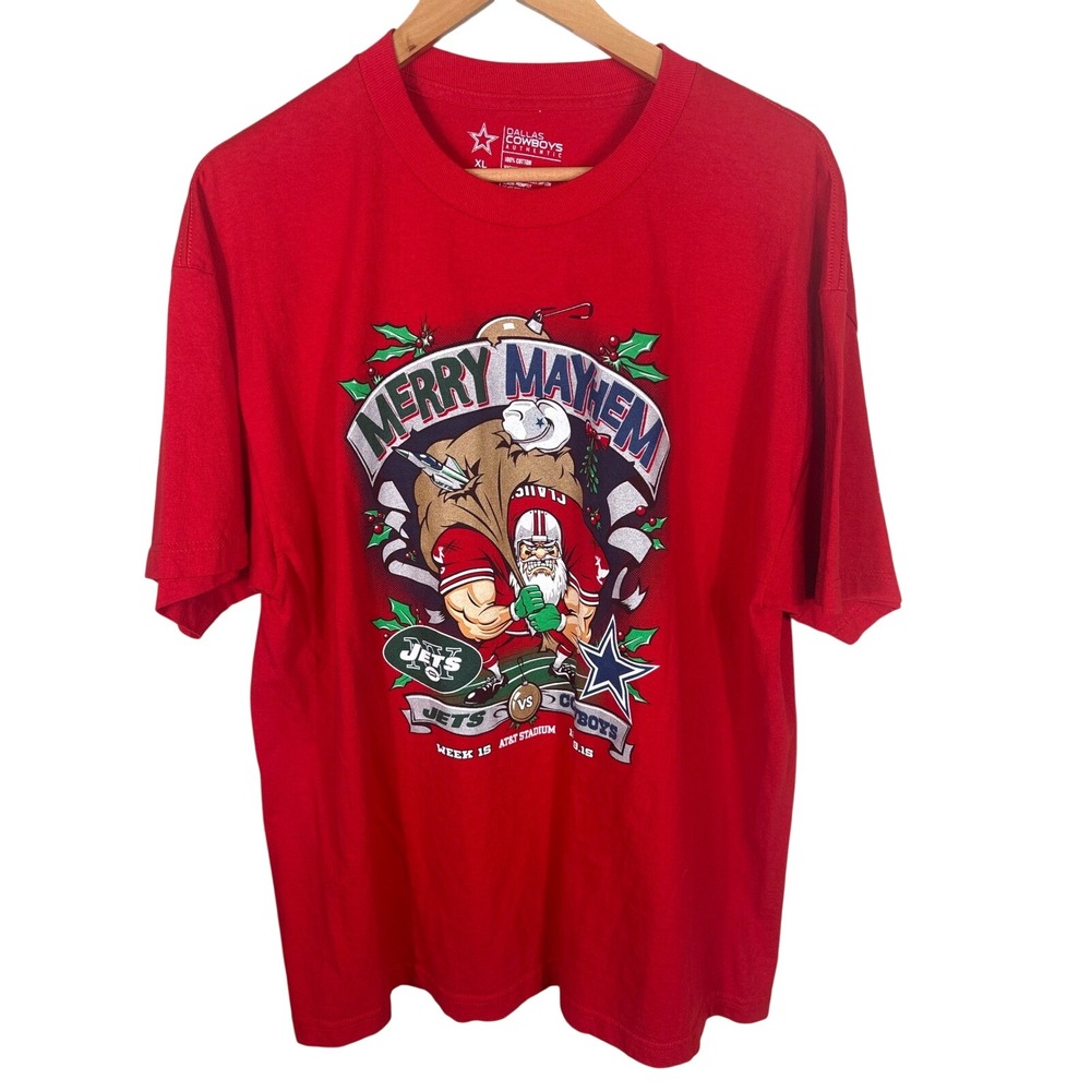 Dallas Cowboys Men's XL Red Merry Mayhem Jets vs Cowboys‎ 2015 Christmas T-Shirt